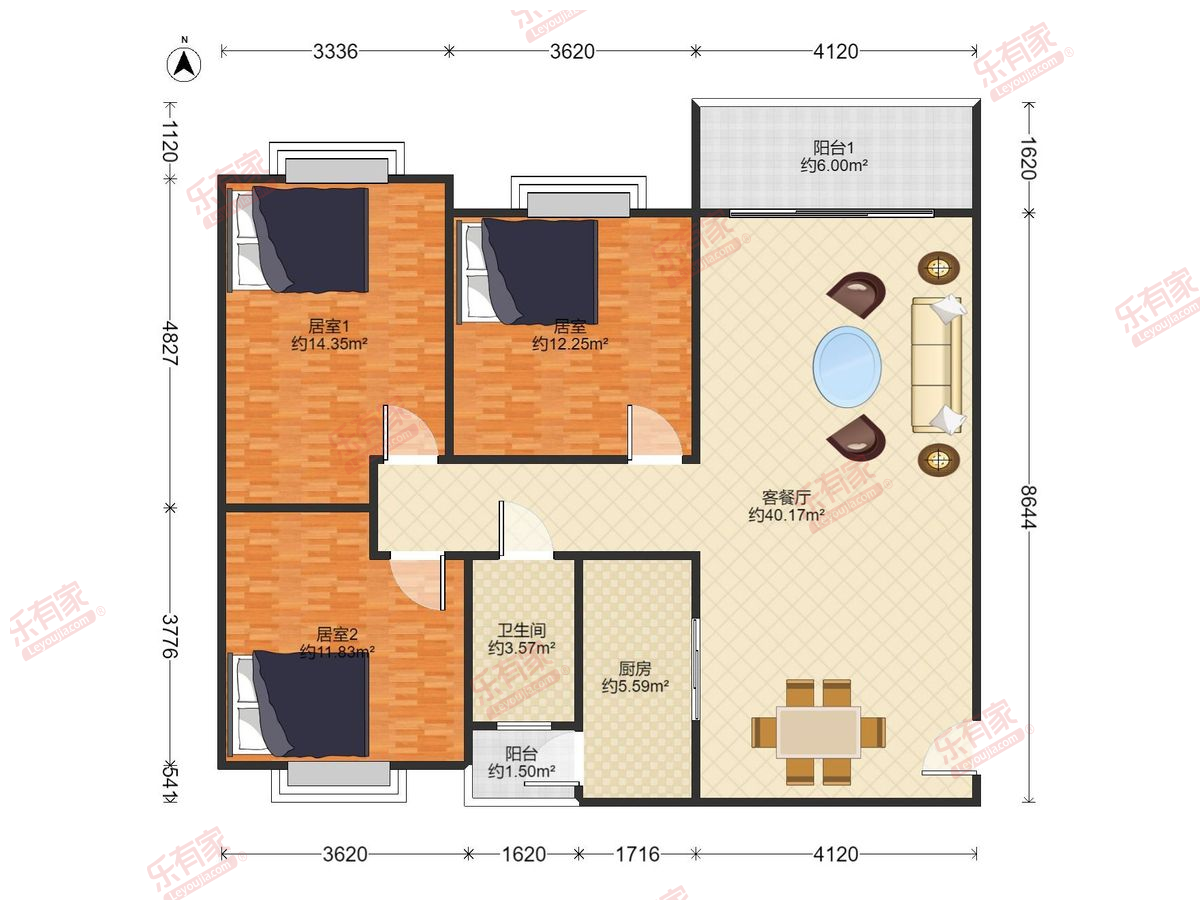 富铭苑 3房2厅1卫 102.64㎡