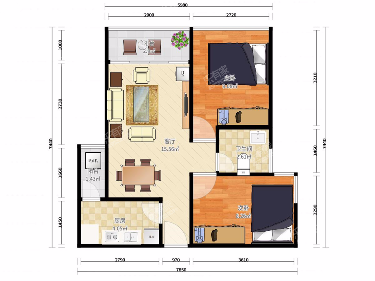 名津广场 2房2厅1卫 59.24㎡