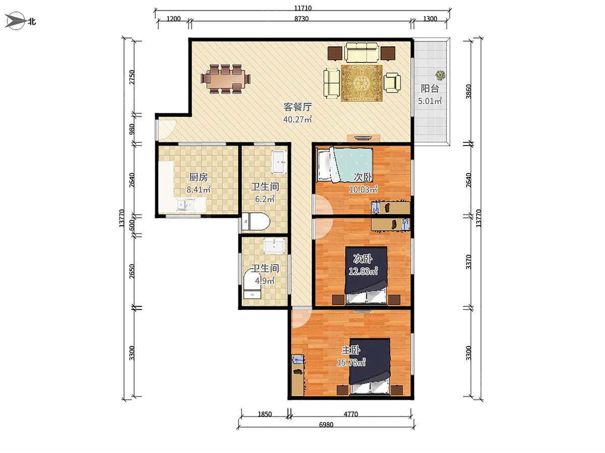 奥城花园 3房2厅2卫 116㎡