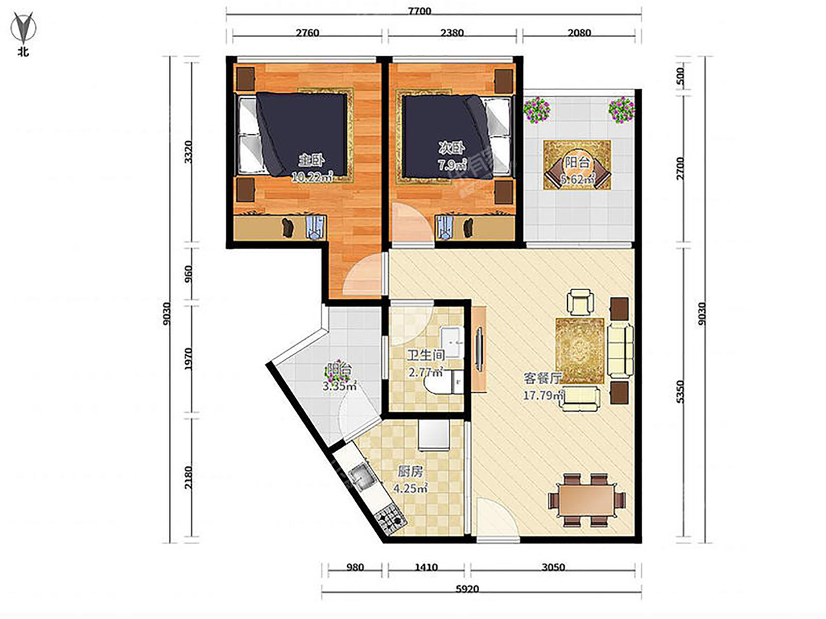 花半里别馆 2房2厅1卫 65.85㎡