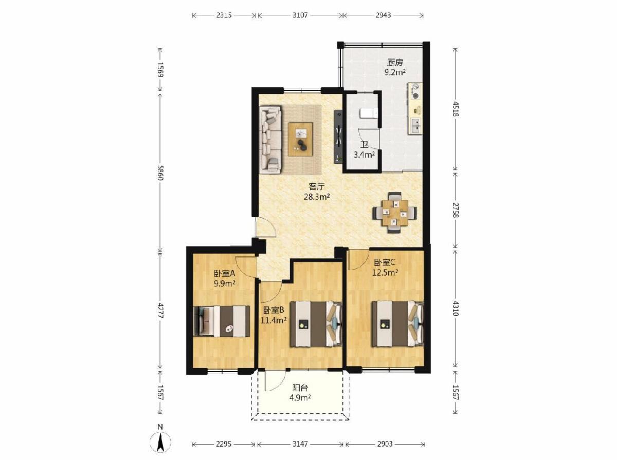 广州体院教工公寓3室1厅1卫89.02㎡