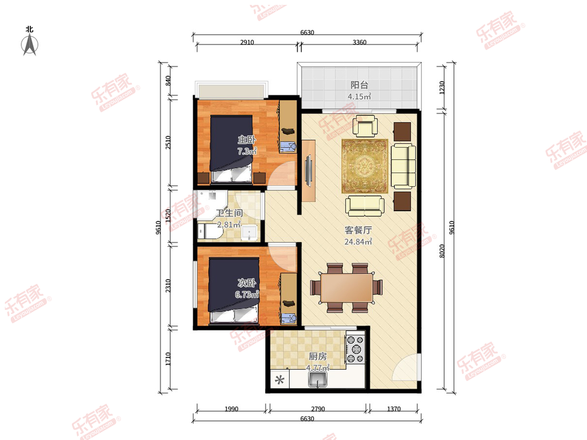 顺景蔷薇山庄四期 2房2厅1卫 73.64㎡