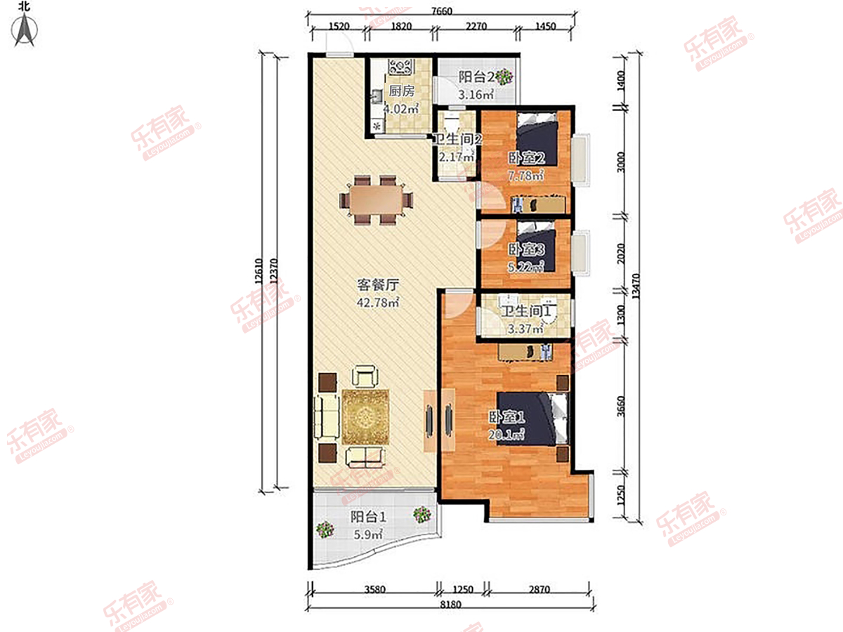 新塘广场 3房2厅2卫 125.49㎡