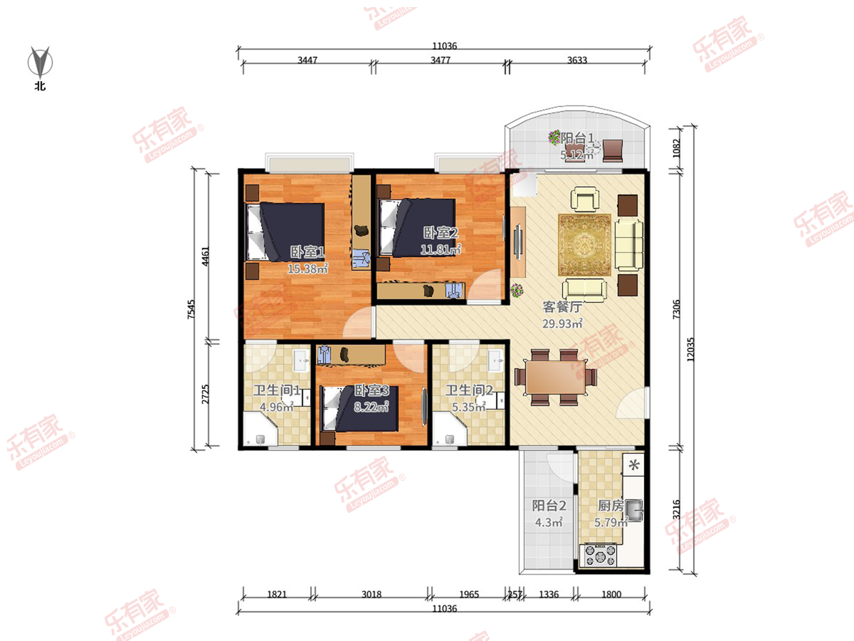 丽江花园二期 3房2厅2卫 108.49㎡-中山丽江花园二期租房