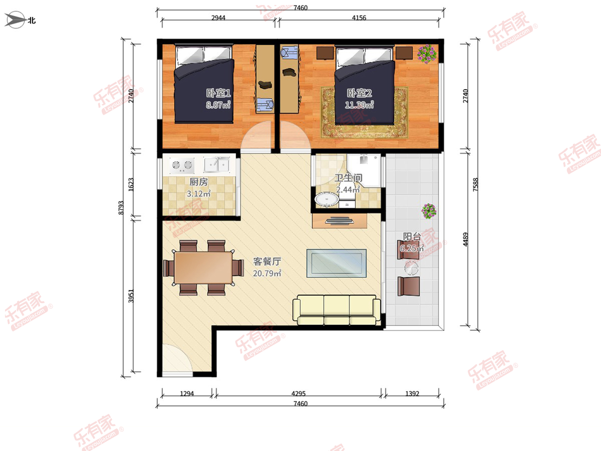 星辰花苑 2房2厅1卫 66㎡