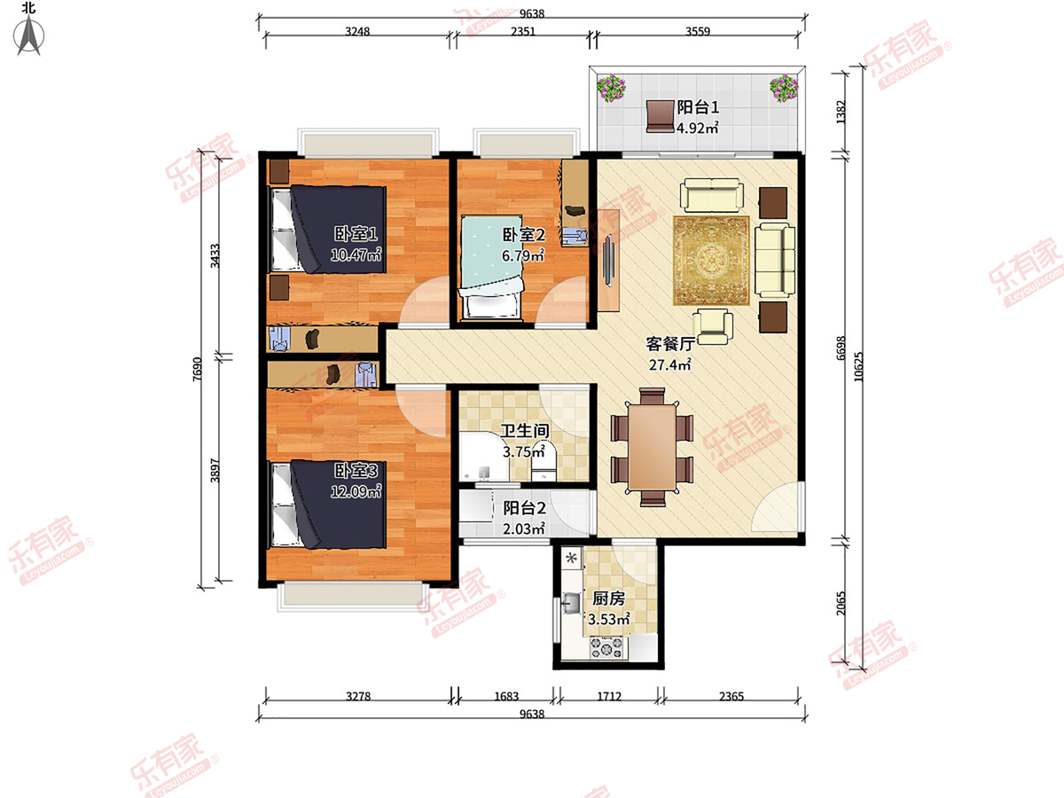 长安花园 南 普装 3室 2厅 92.03m²