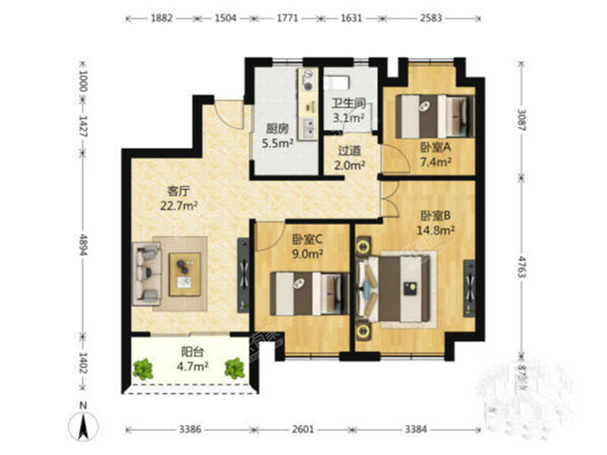 万科九都荟 3房2厅1卫 92.54㎡-广州万科九都荟租房
