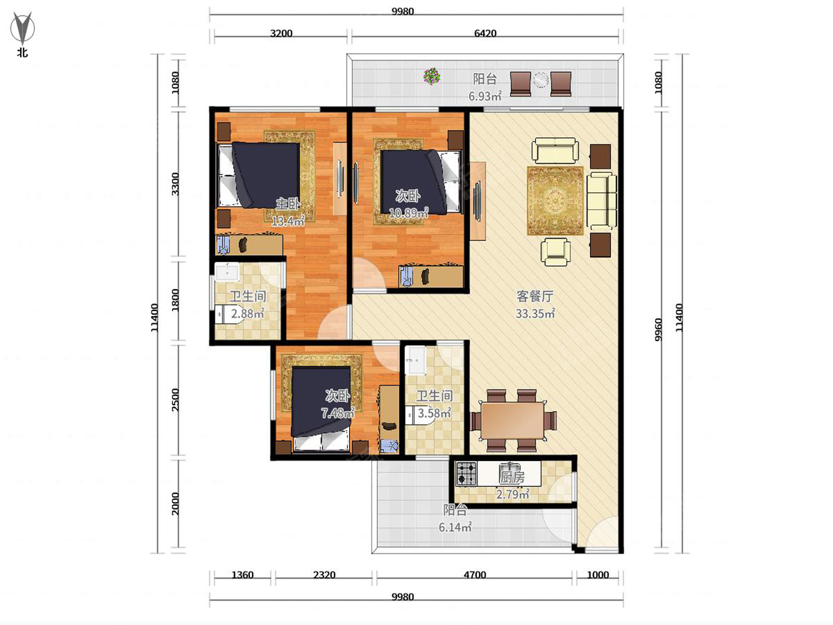 君汇半岛 3房2厅2卫1厨2阳111.28m² 南