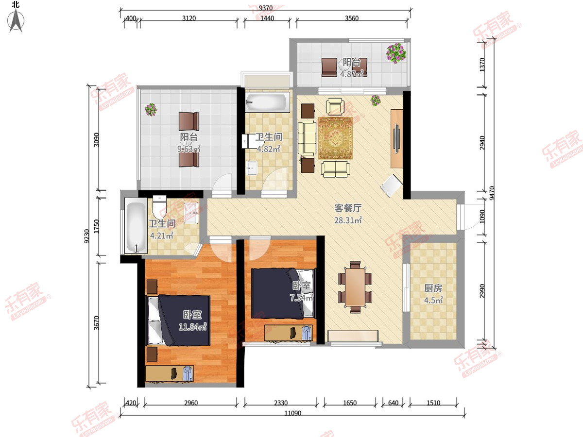 海泉华庭 2房2厅2卫1厨2阳100.0m² 南