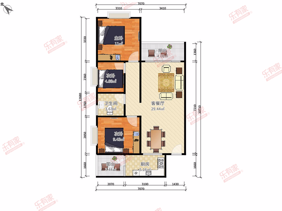汇商新城 3房2厅2卫1厨2阳120.0m² 南