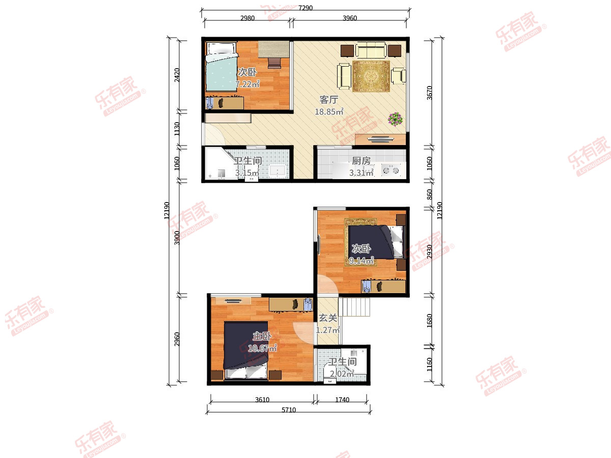恒邦时代大厦 3房1厅1卫1厨0阳60.0m² 南