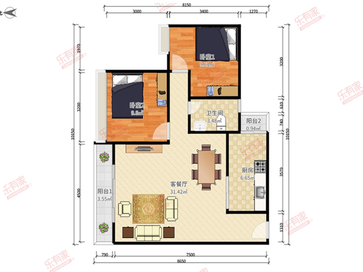 锦绣花园 2房2厅1卫 96㎡