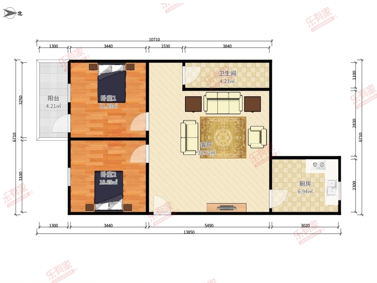华师宿舍南区 2房2厅1卫 63㎡