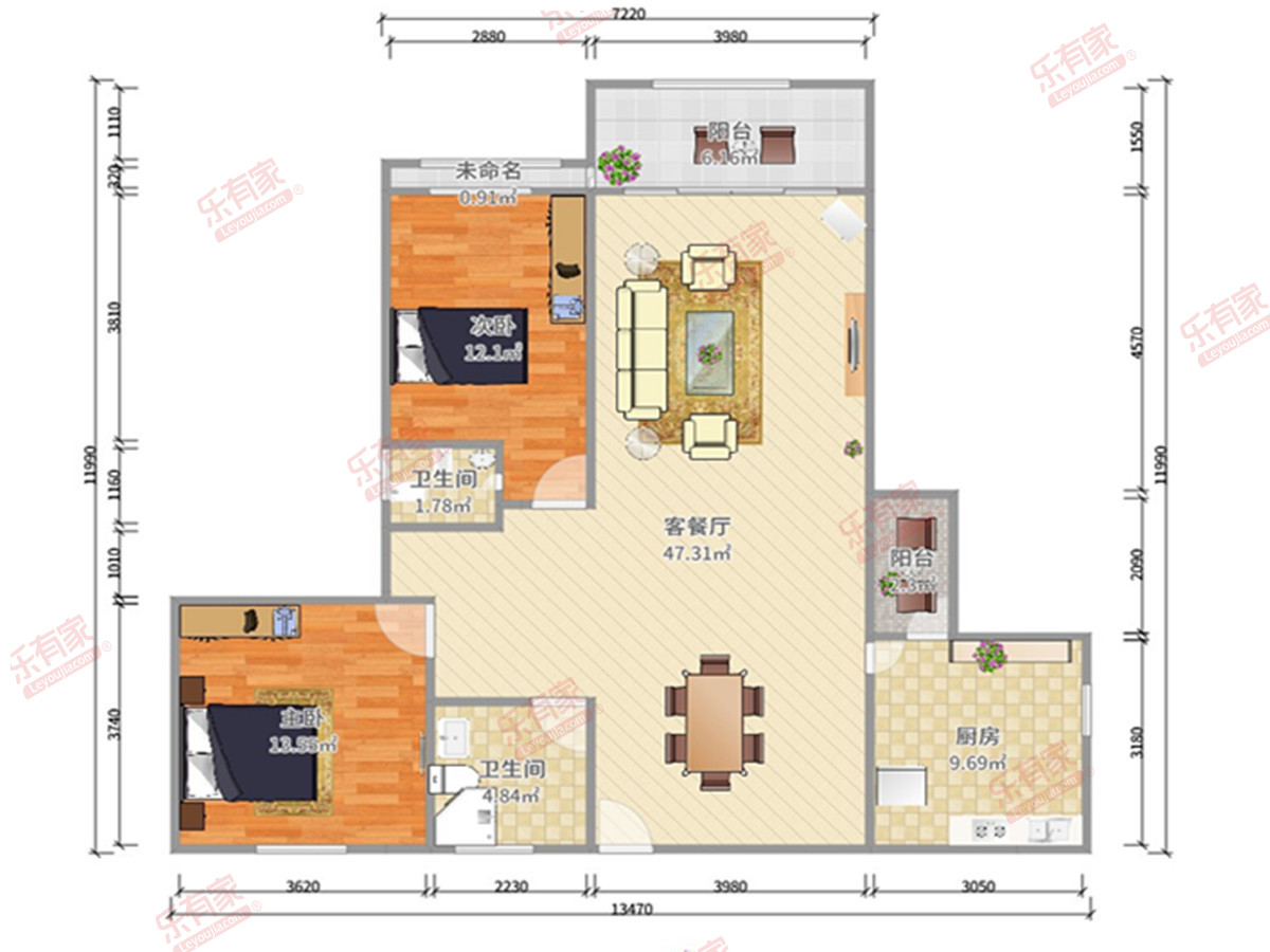 龙城一号·商业街二期 2房2厅2卫1厨1阳77.0m² 北