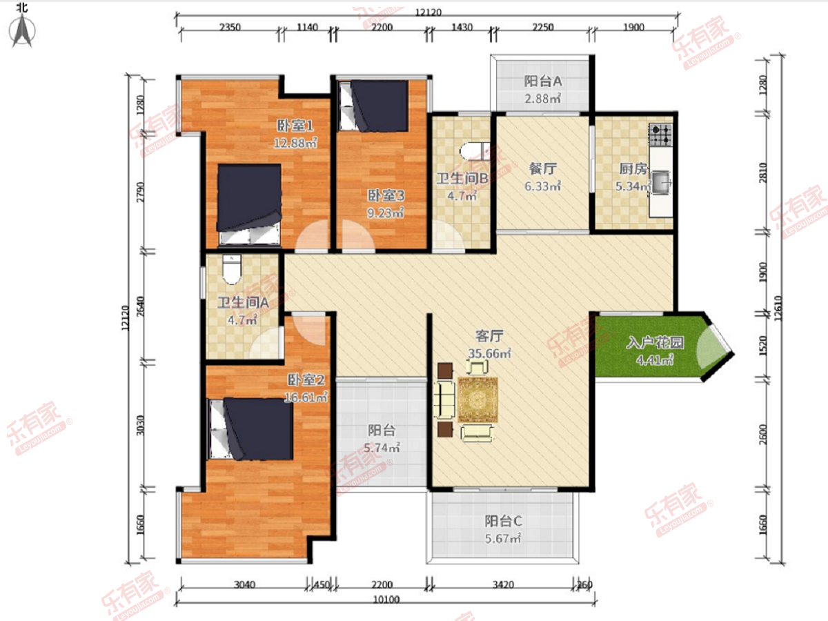 荔富湖畔华庭 3房2厅2卫 131.59㎡