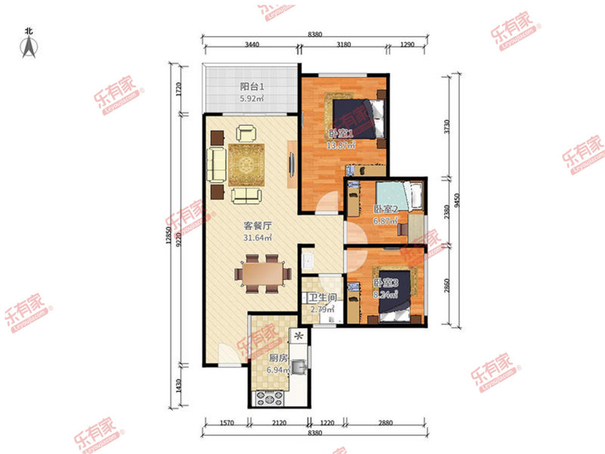 雅居乐江玥 3房2厅1卫1厨2阳89.67.0m² 西北