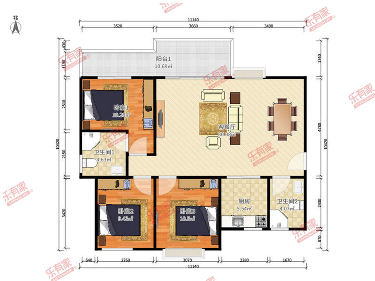 雅居乐江玥3房2厅2卫1厨2阳107.75m²西北