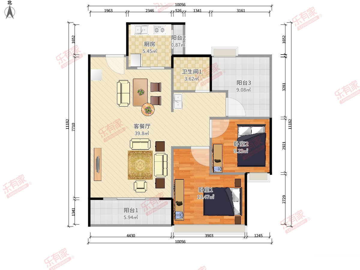 天熹阳光 2房2厅1卫1厨3阳87.56m² 南