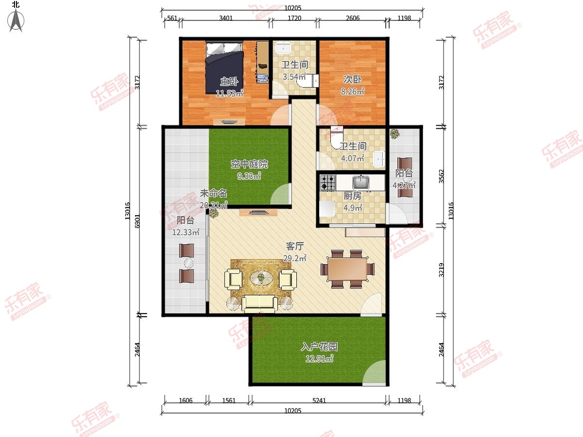 天润嘉园 3房2厅2卫1厨3阳99.11m² 南北