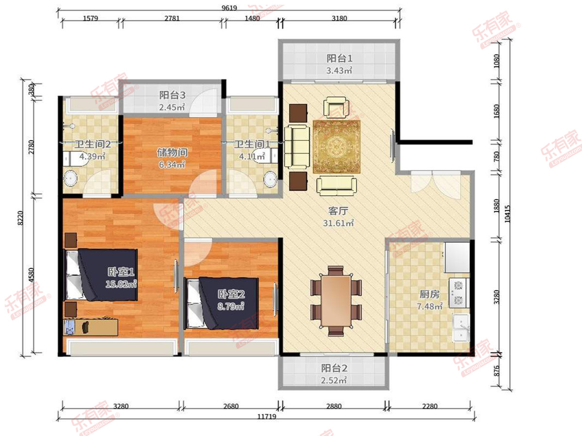 天熹阳光 3房2厅2卫1厨2阳104.84m² 南北