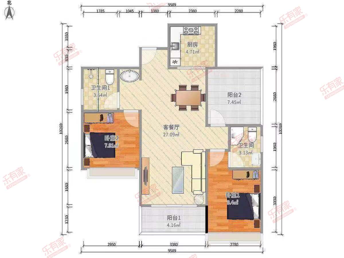 天熹阳光 3房2厅2卫1厨1阳96.2m² 南北