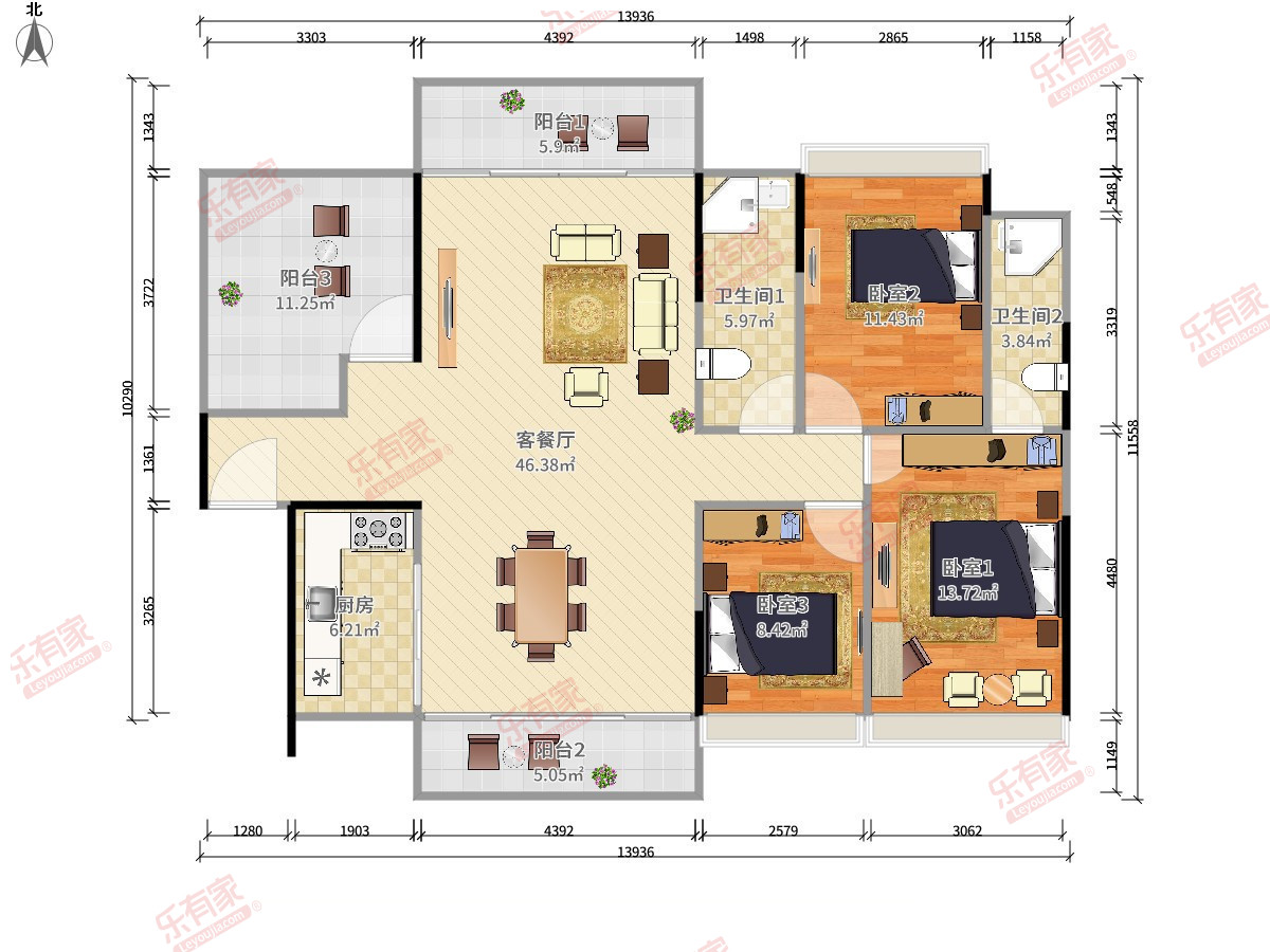 天熹阳光 3房2厅2卫1厨3阳118.16m² 南北