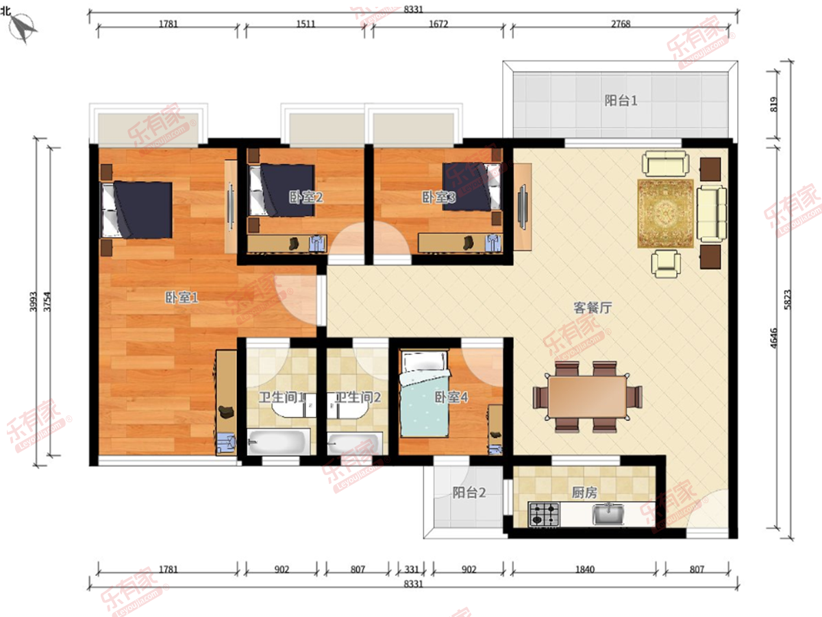 正邦·华颢豪庭 3房2厅2卫1厨2阳116.0m² 东北