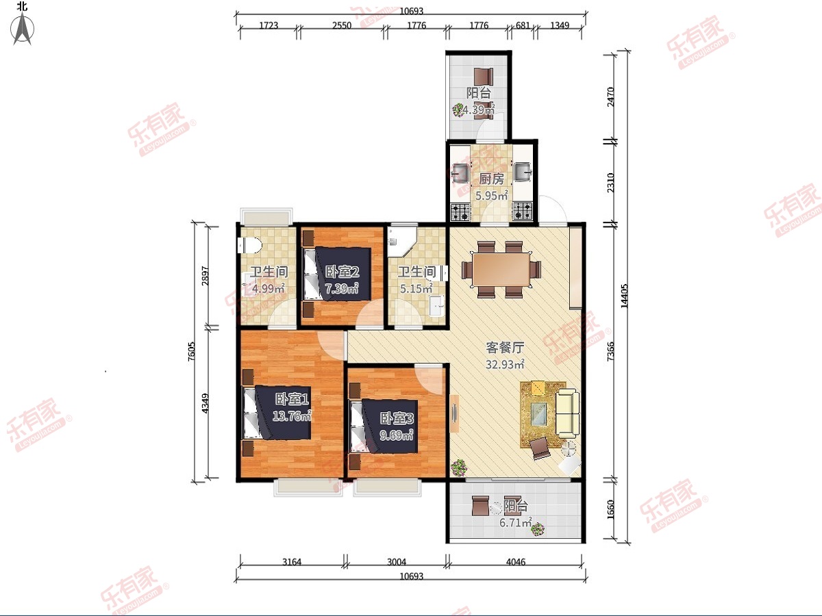 誉基誉憬湾 3房2厅2卫1厨2阳90.96m² 南
