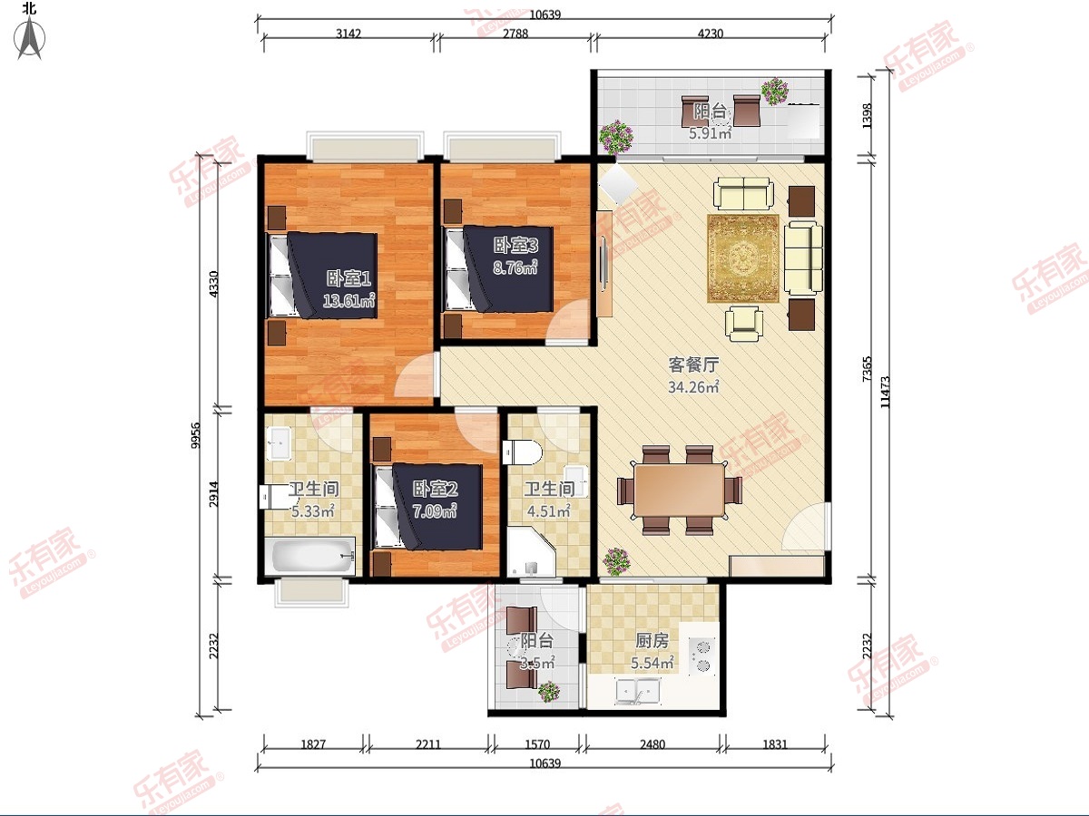 誉基誉憬湾 3房2厅2卫1厨2阳88.51m² 北