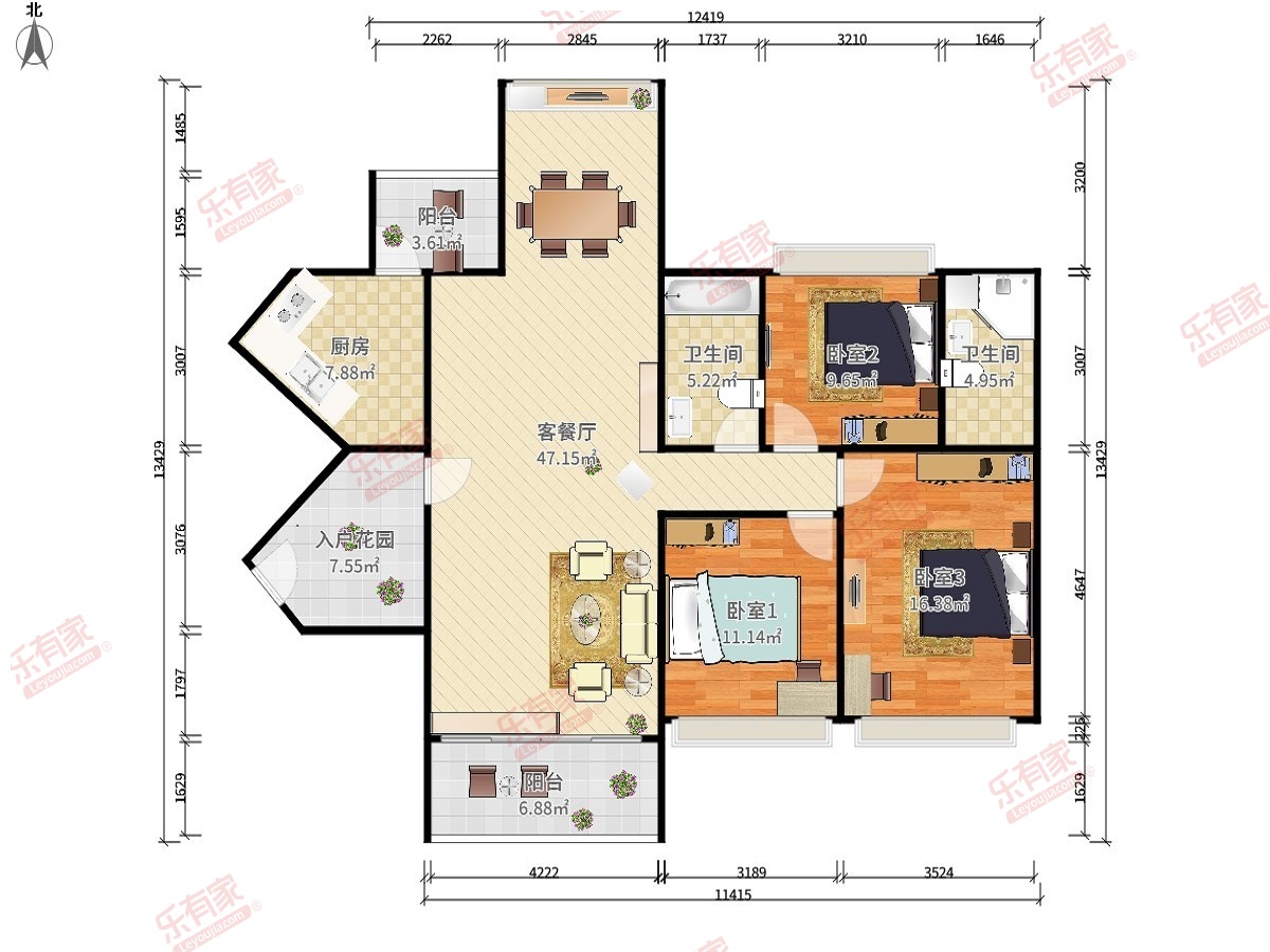 誉基誉憬湾 3房2厅2卫1厨2阳120.41m² 南