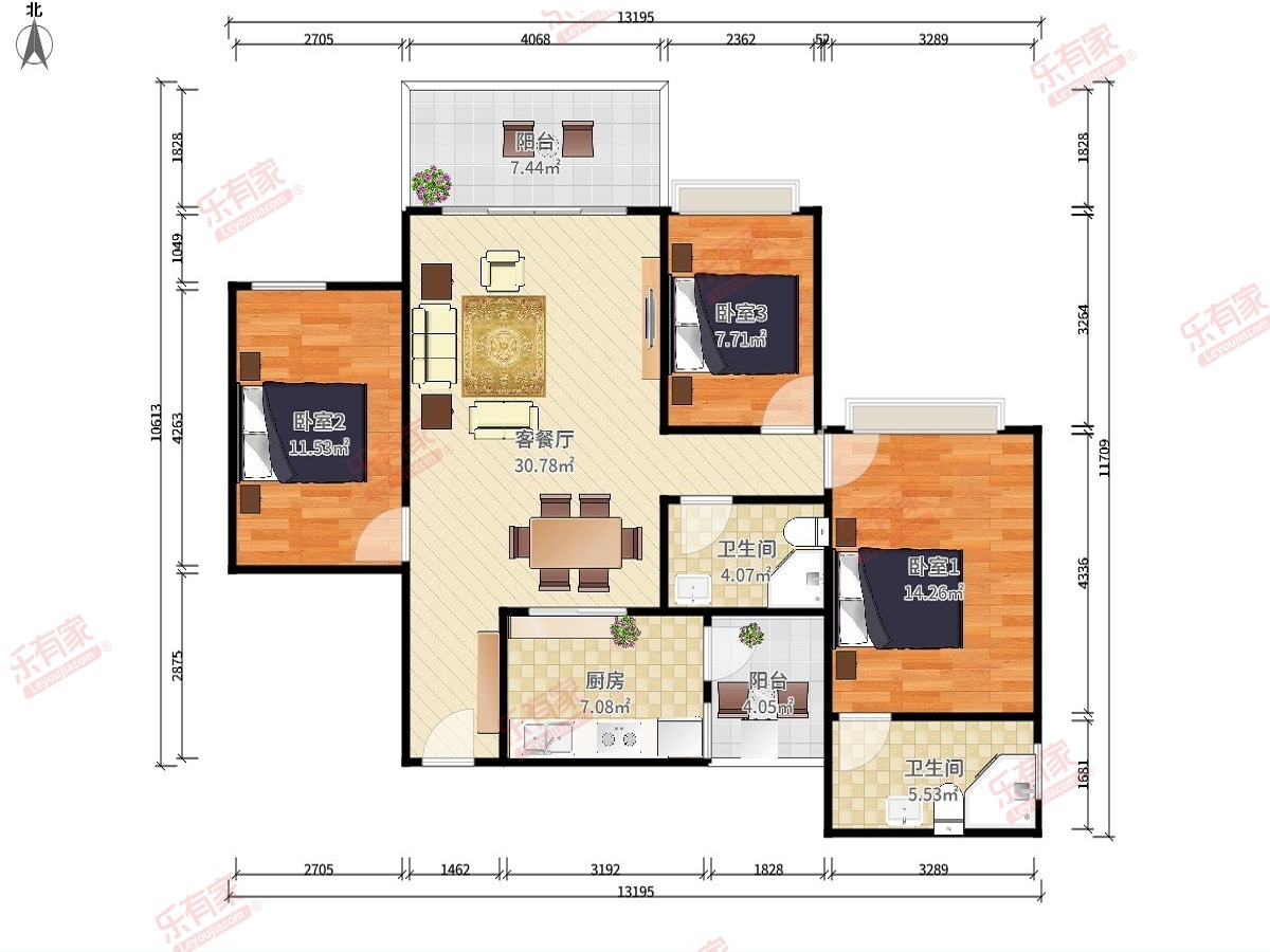 誉基誉憬湾 3房2厅2卫1厨2阳91.45m² 北