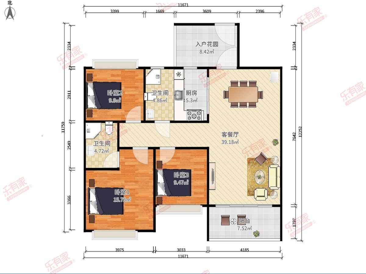 誉基誉憬湾 3房2厅2卫1厨2阳105.12m² 南