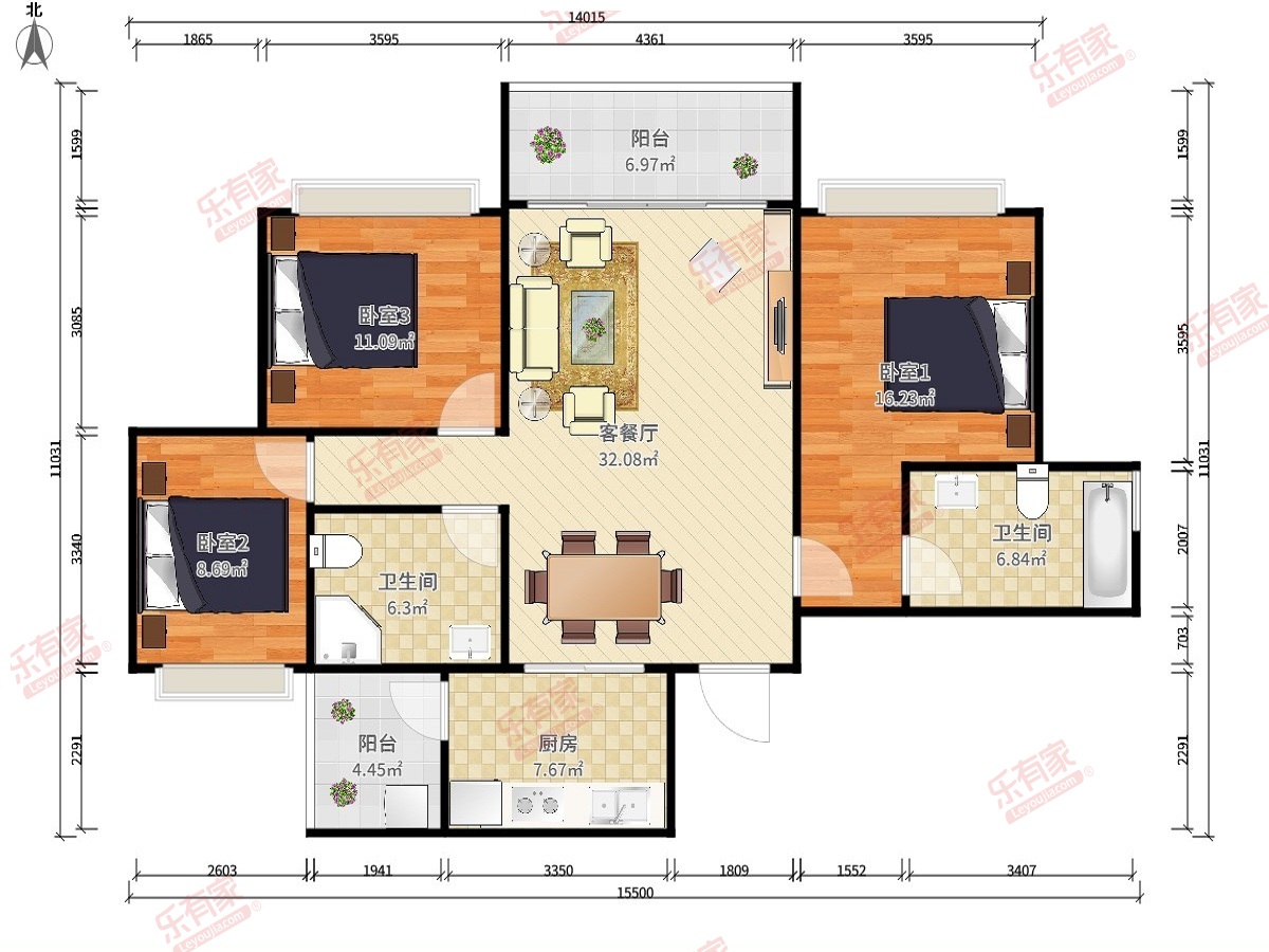 誉基誉憬湾 3房2厅2卫1厨2阳100.32m² 南