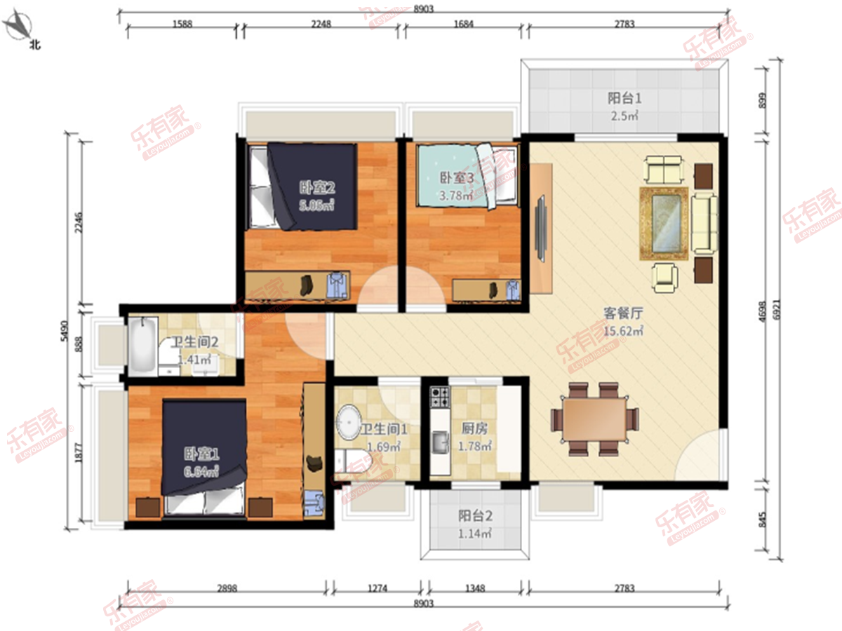 正邦·华颢豪庭 3房2厅2卫1厨2阳103.0m² 西南