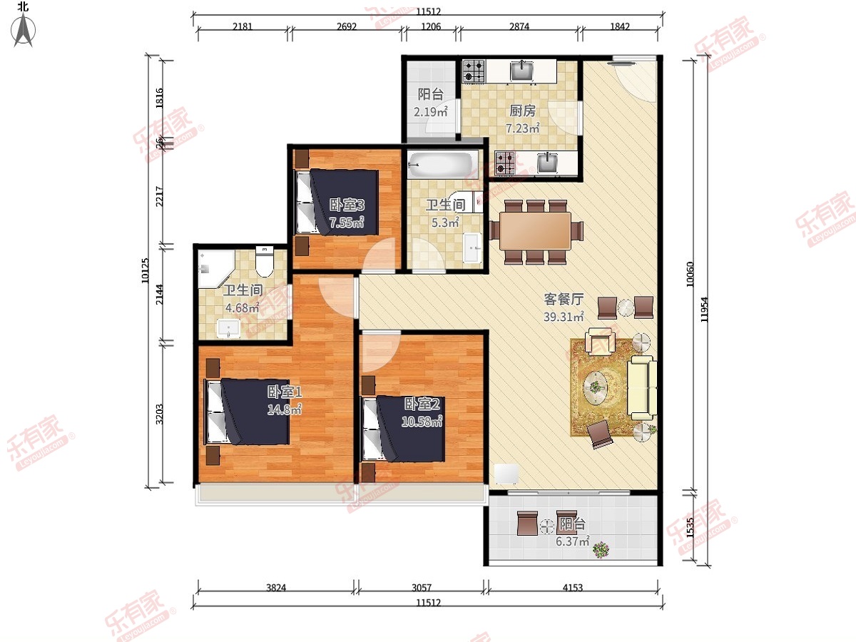 3房2厅2卫1厨2阳95.0m² 南