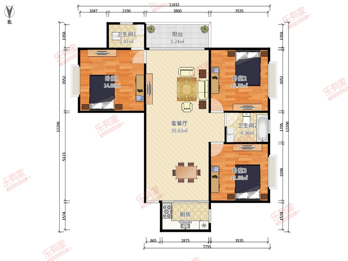 金地格林泊乐 3房2厅2卫 93㎡