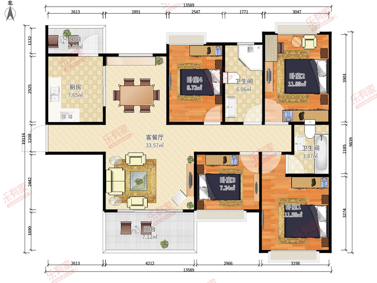 恒大御景花园1期 4房2厅2卫1厨2阳130.0m² 西