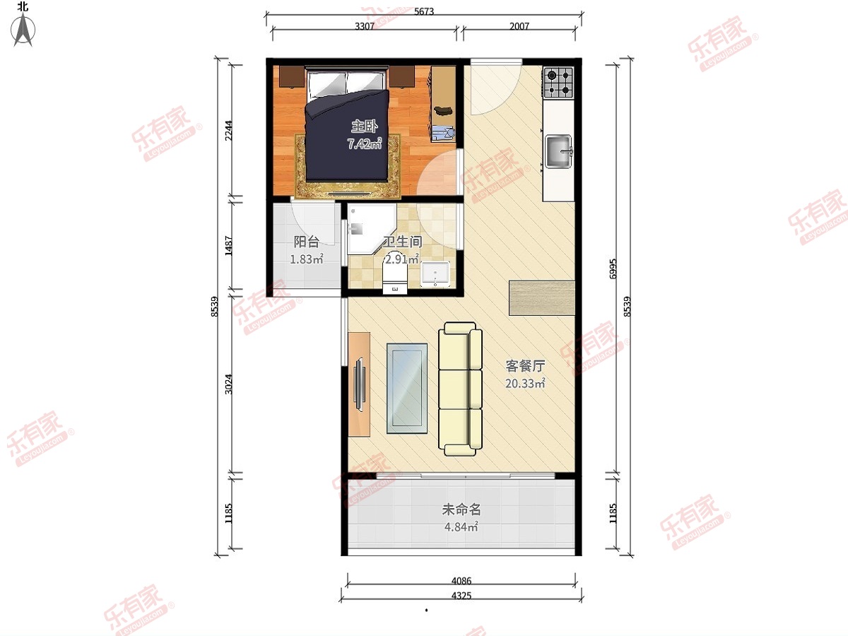 盈泰广场 1房1厅1卫1厨1阳48.98m² 南