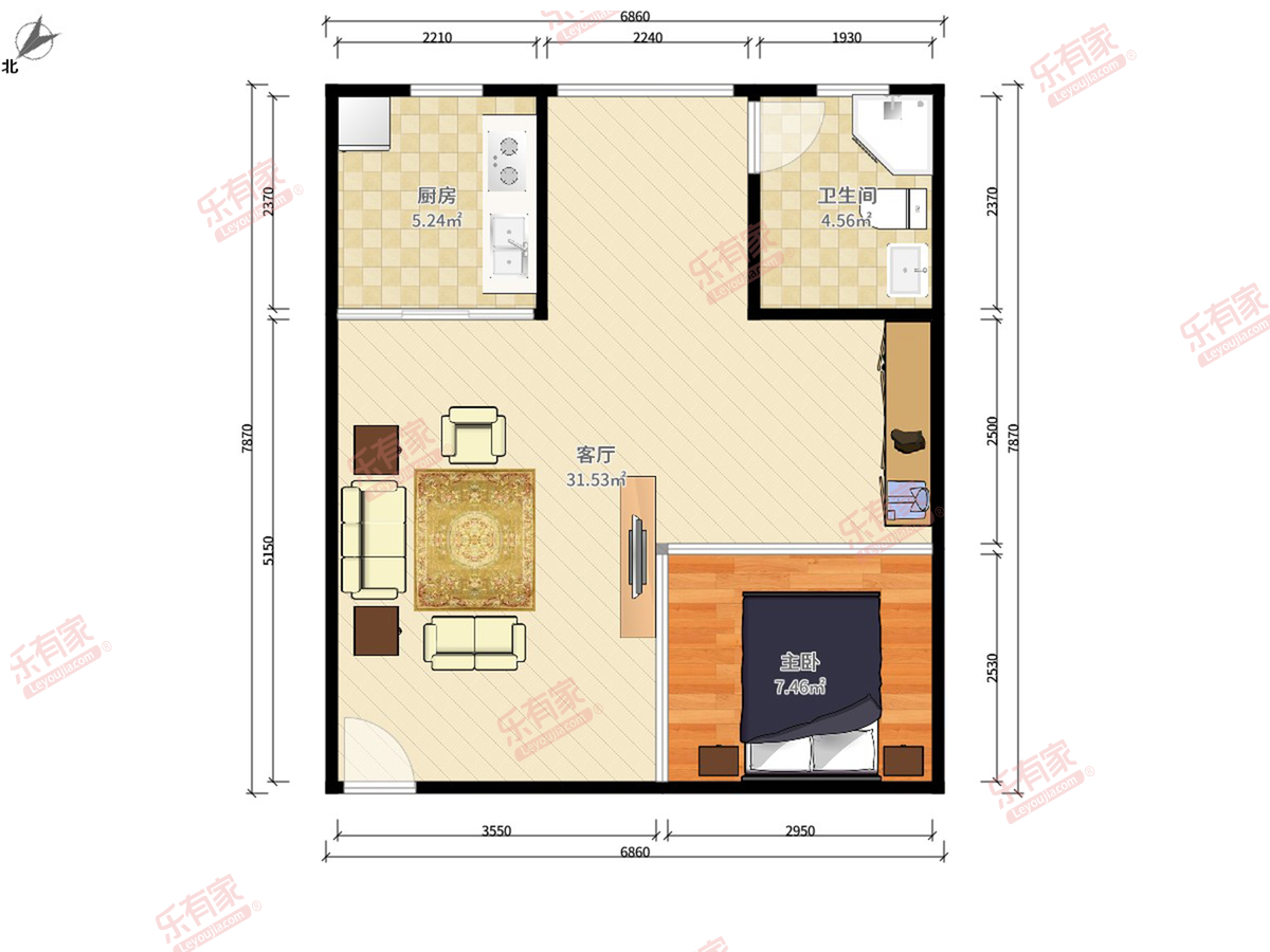 东方广场锦隆花园 1房1厅1卫 48.75㎡