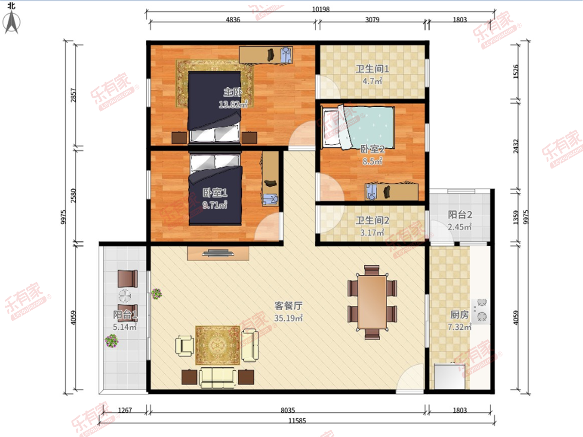 明蒂豪庭 3房2厅2卫 104.57㎡