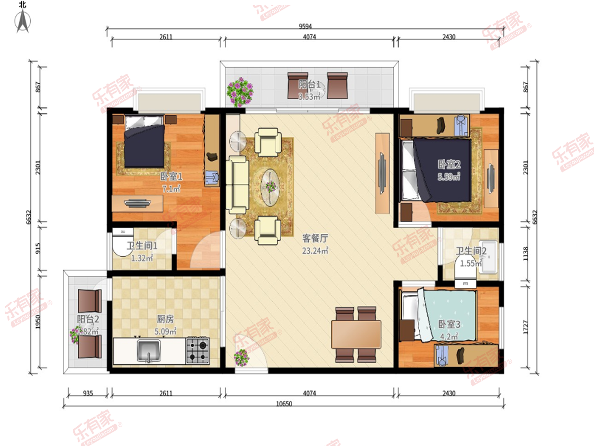 盈泰广场 3房2厅2卫1厨2阳93.0m² 南