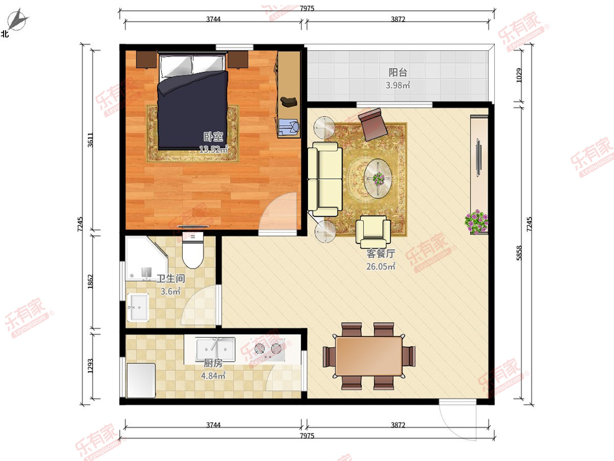 蓝郡公馆大厦C座08户型1房2厅1卫1厨1阳52.0m²西南