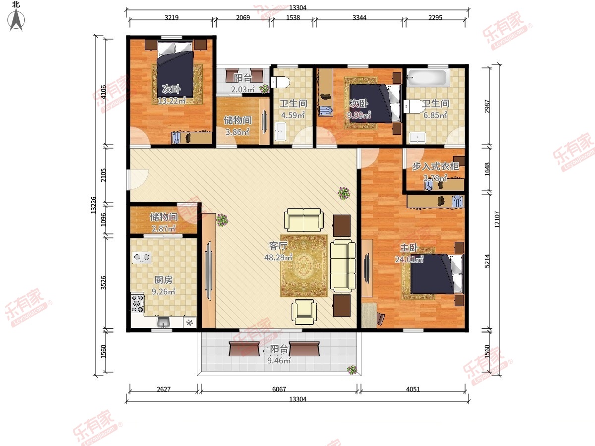 朝安金茂悦公馆 4房2厅2卫1厨2阳136.0m² 南