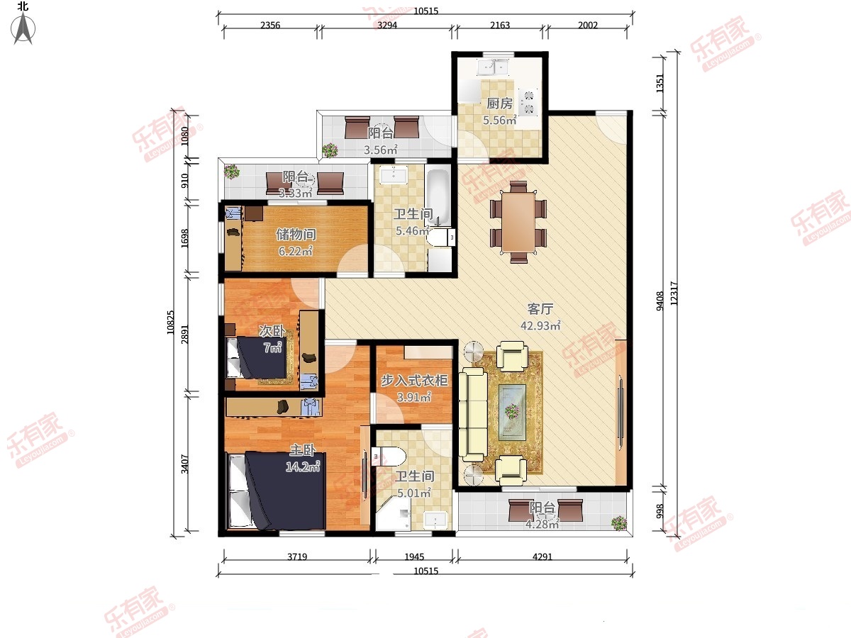 朝安金茂悦公馆 3房2厅2卫1厨3阳99.0m² 南