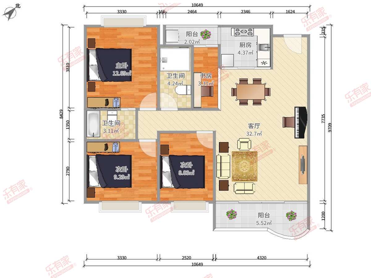 中信海文花园 3房2厅2卫 106.18㎡