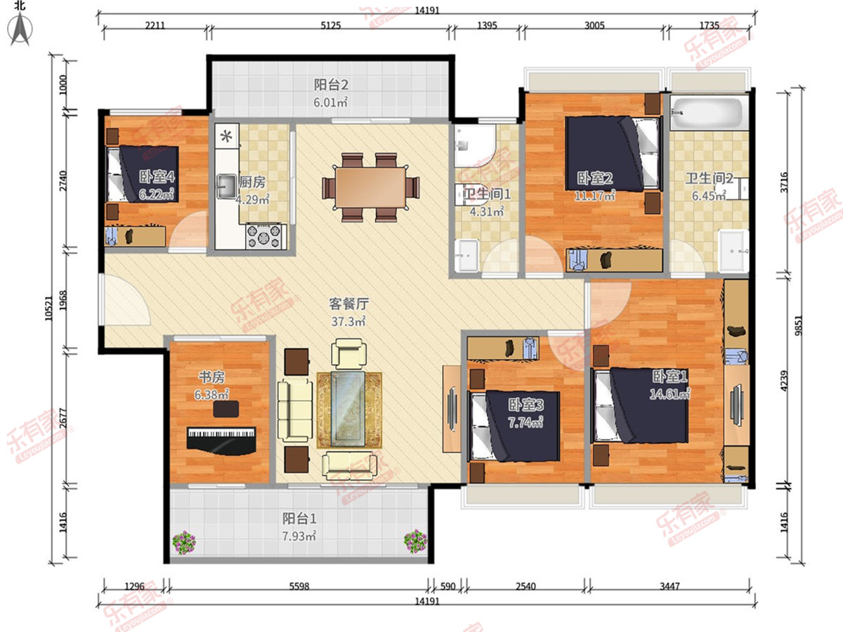 合生御山花园 5房2厅2卫1厨2阳128.0m² 南北