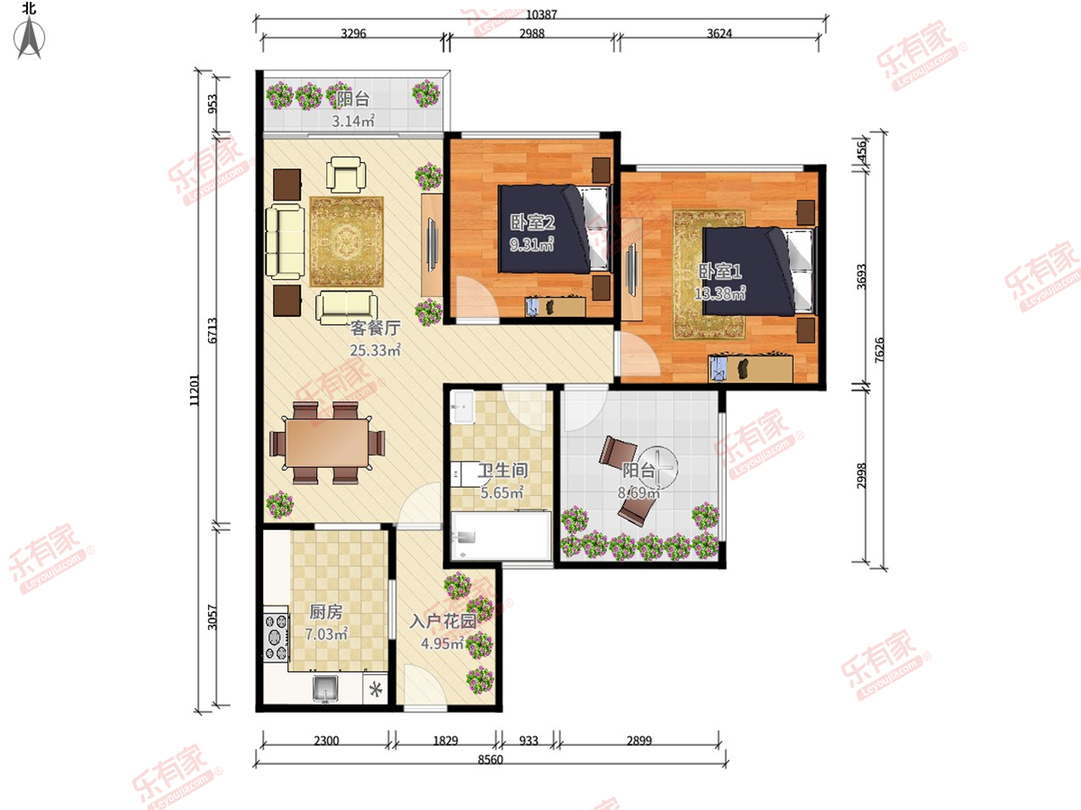 天銮花园 2房2厅1卫1厨2阳85.0m² 东北