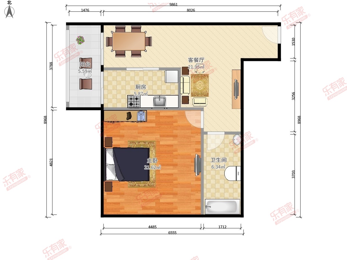 罗拉小镇 1房1厅1卫1厨1阳61.38m² 北