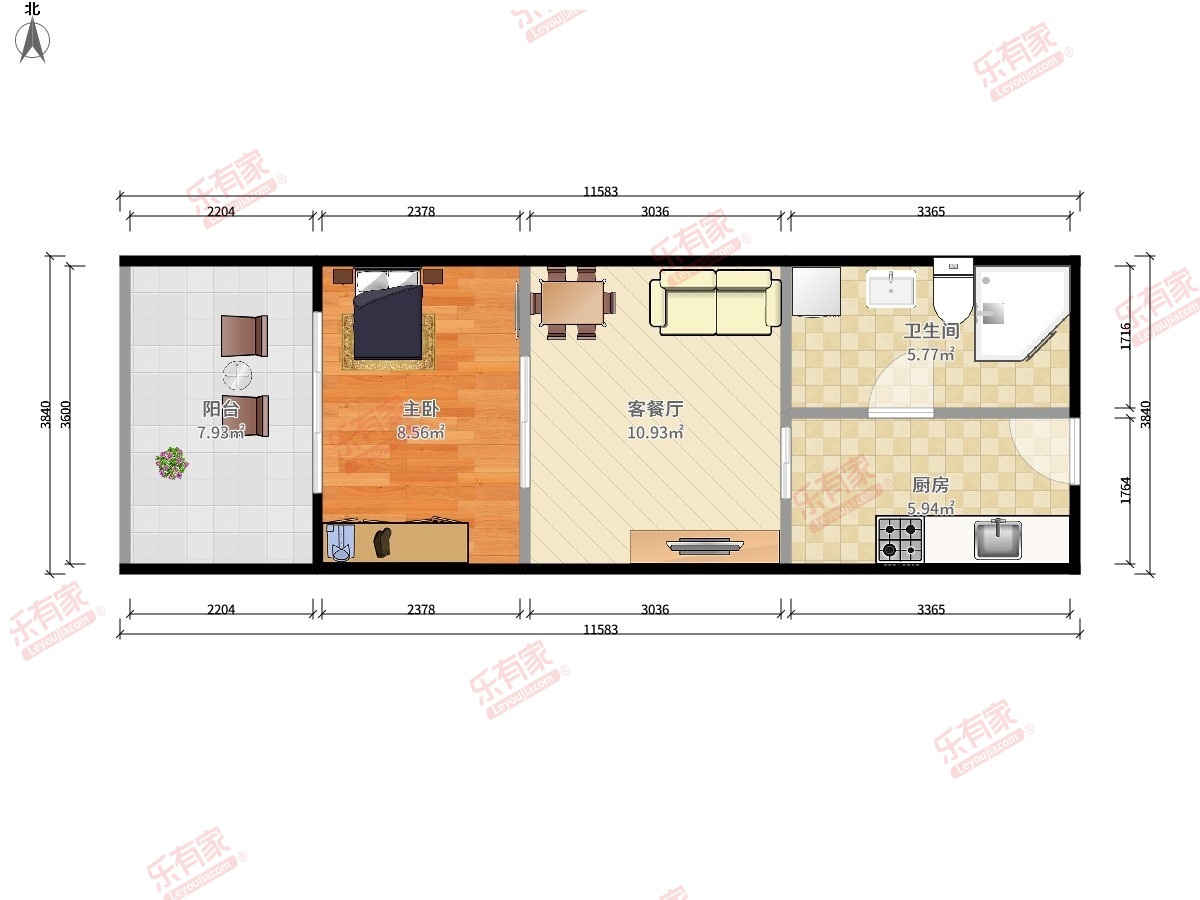 罗拉小镇 1房1厅1卫1厨1阳39.14m² 南 2