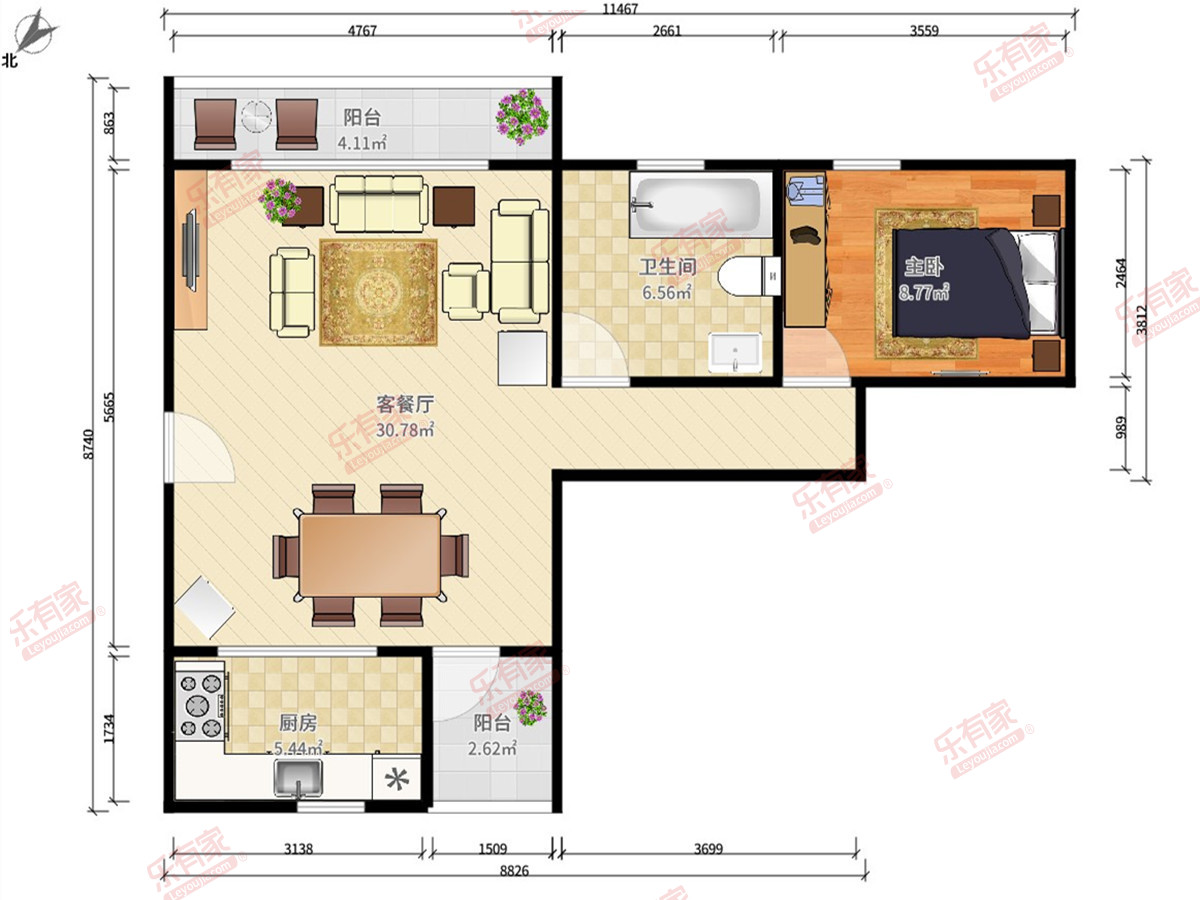 金时花园 1房1厅1卫1厨1阳71.64m² 东南